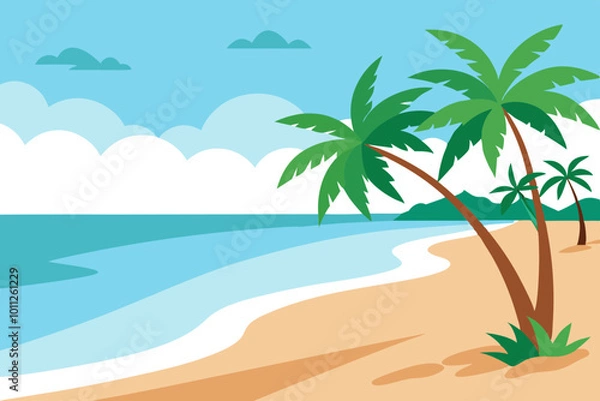 Fototapeta Beautiful Vector Design of a Tranquil Sandy Beach with Palm Trees and Blue Waves
