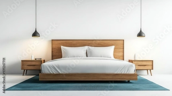 Fototapeta A modern hotel room layout with a king-size bed, nightstands, and minimalist furniture, isolated on a white background for a sleek design concept.