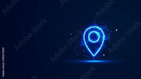 Fototapeta Futuristic glowing map pin with plexus lines and glitter particles. A location pointer in the neon light style. 3D abstract low poly in the dark background. Digital technology illustration