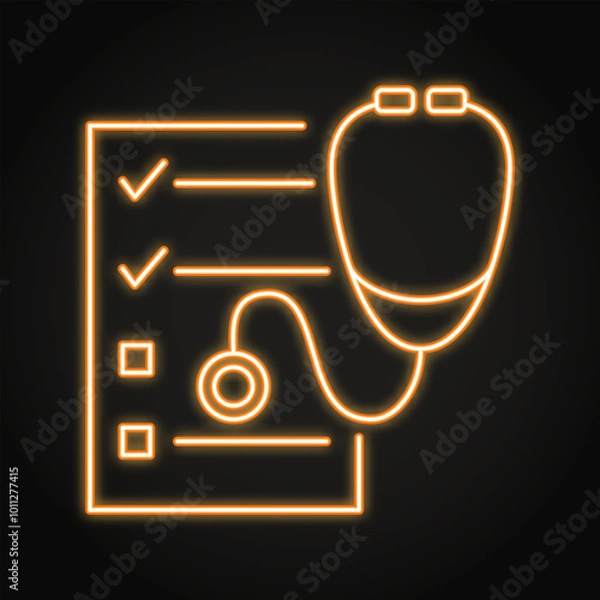 Fototapeta Medical checkup neon line icon. Checklist and stethoscope, medical form or document. Vector illustration