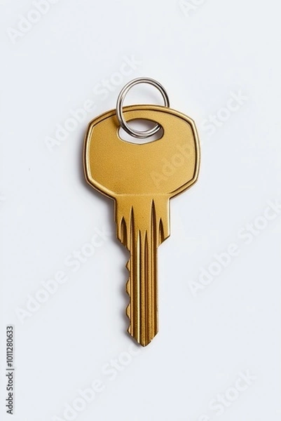Fototapeta A shiny golden house key with intricate design details is placed against a clean white background, symbolizing security and access in a modern context.