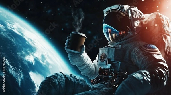 Fototapeta An astronaut in a spacesuit casually sipping coffee from a floating cup while gazing at Earth from the outside of a space station