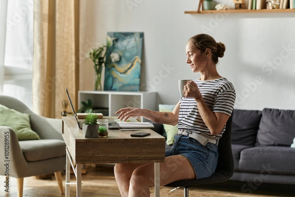 Fototapeta A smiling woman with vitiligo sips coffee while engaging with her laptop.