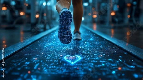 Obraz Cardiovascular health depicted by a doctor monitoring a patient running on a treadmill with holographic heart data surrounding them