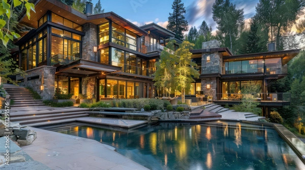 Fototapeta horizontal image of a modern luxury home seen from the backyard