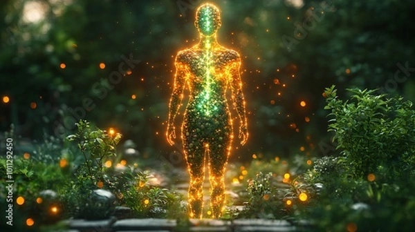 Fototapeta Immune boosting herbs and spices displayed in intricate patterns around a glowing, healthy body figure