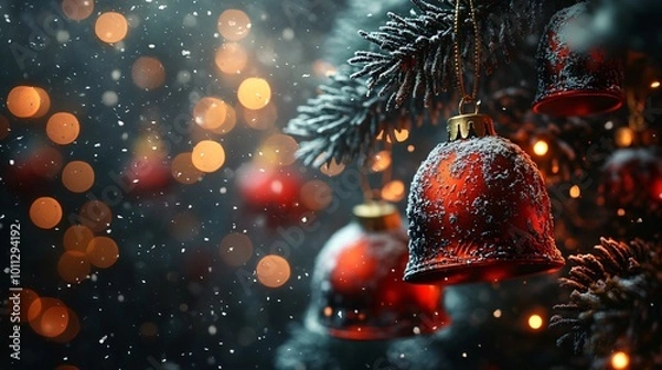 Obraz Snow-dusted red and black Christmas bells hanging from a tree, 3D illustration