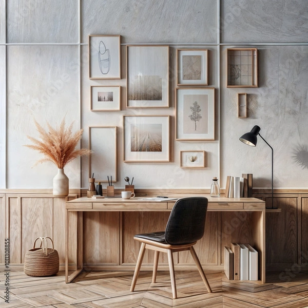 Fototapeta Elegant minimalist workspace with natural wood console and black chair, perfect for a calm and focused work environment. Mock up paitnings.