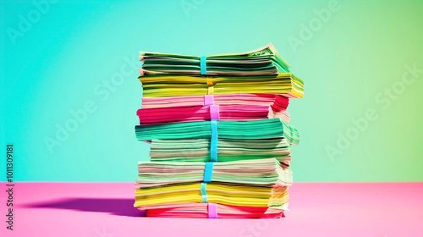 Fototapeta Stacks of cash, organized bundles, side view, symbolizing wealth, advanced tone, Triadic Color Scheme