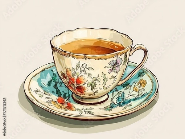 Obraz English tea saucer flat design front view Victorian theme cartoon drawing vivid