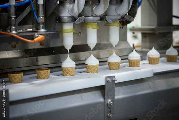 Obraz On the conveyor of the ice cream machine, the machine fills the waffle cups with the milk mixture.