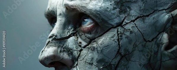 Obraz The image shows a face with deep cracks, resembling dried, cracked earth.