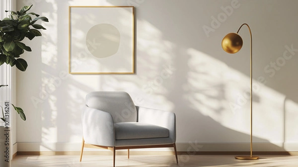 Fototapeta Bright, minimalist corner with a gray upholstered armchair, a sleek gold floor lamp, and a single art piece on the wall, emphasizing simplicity
