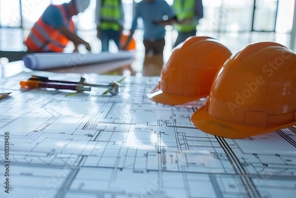 Obraz Construction hard hats on blueprints with workers in the background.