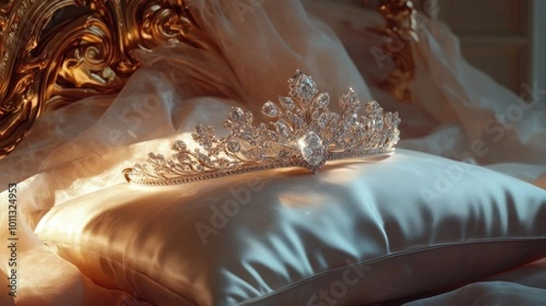 Fototapeta A diamond tiara sitting on a silk pillow, glittering under soft lighting in a luxury setting.