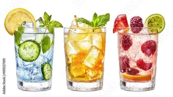 Fototapeta Close-up of three distinct glasses with colorful drinks, showcasing the ice, fruit slices, and garnishes, isolated on white background in transparent PNG format.