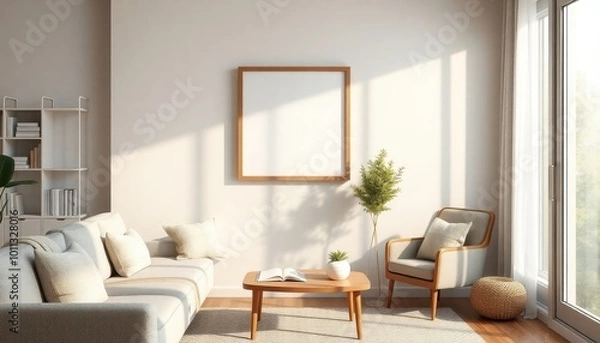 Fototapeta Elegant 3D living room with modern design features a cozy seating area, vibrant decor, and soft ambient lighting, creating a warm and inviting atmosphere.