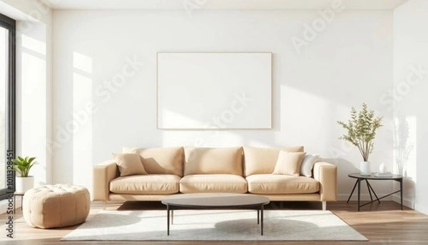 Fototapeta Sleek and modern living space exudes tranquility with minimalist decor, featuring neutral tones and stylish furnishings that harmoniously blend form and function.