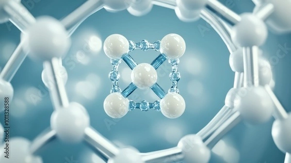 Fototapeta Close-up view of molecular structure with interconnected atoms, showcasing a vibrant blue background and detailed atomic connections.
