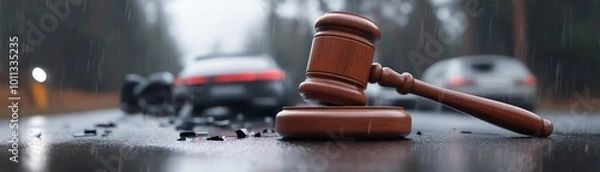 Obraz Close-up of a gavel on wet road with blurred cars in background, depicting legal aspects of car accidents and justice systems.