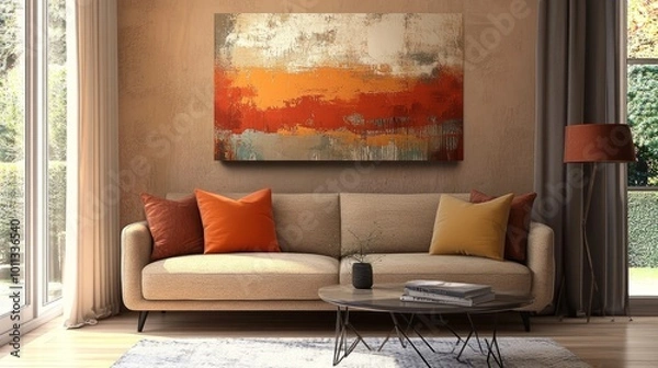Fototapeta Earth-tone living room, modern design, cozy sofa, abstract wall art, warm color scheme, large windows offering bright natural light