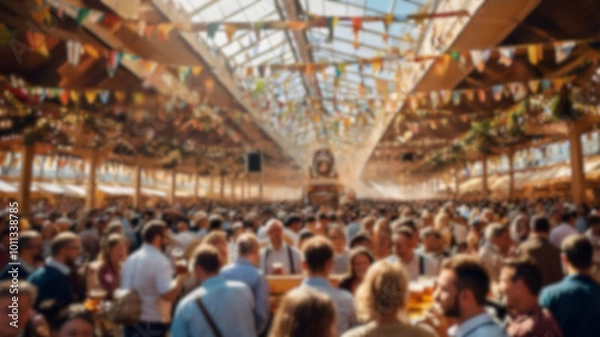 Fototapeta Blur image of a large crowd of people at the Oktoberfest  for background usage.