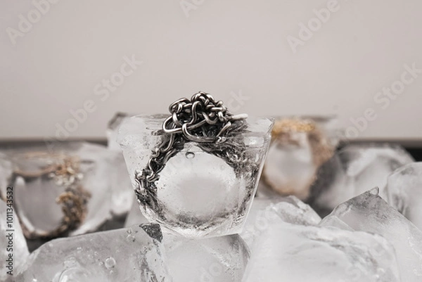 Fototapeta Close-up and macro shots of silver jewelry on a background of ice cubes. Silver ring in ice cube isolated on white background. Metal decoration in an ice cube.