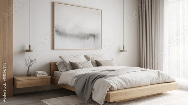 Fototapeta Minimalist master bedroom with floating nightstands made of light wood, a large framed abstract painting on the wall, and neutral linens on the bed. No clutter on the surfaces