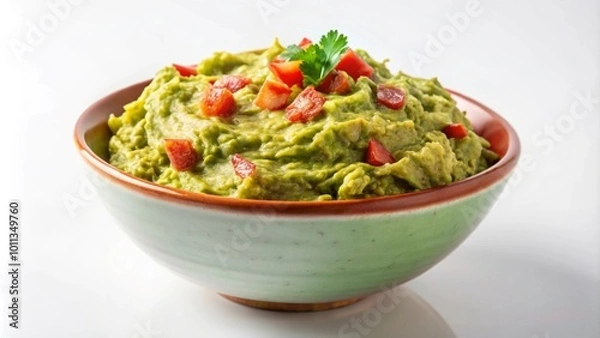 Fototapeta Bowl of guacamole with diced tomatoes and cilantro garnish.