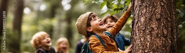 Obraz Joyful children exploring nature, playing and climbing a tree in the forest, surrounded by lush greenery and sunlight.
