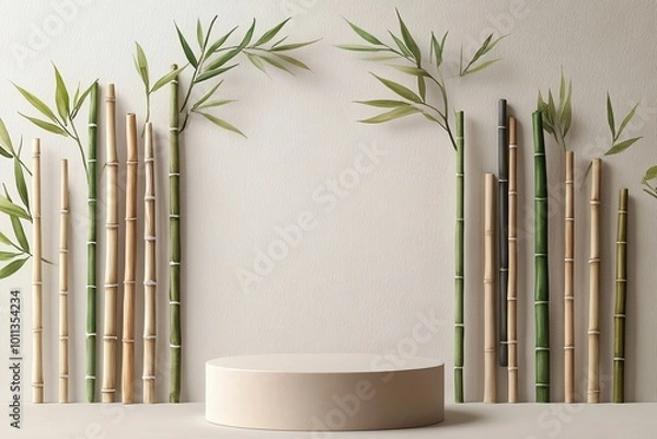 Fototapeta Minimalist bamboo podium with green leaves on beige background, perfect for product display and natural decor themes.