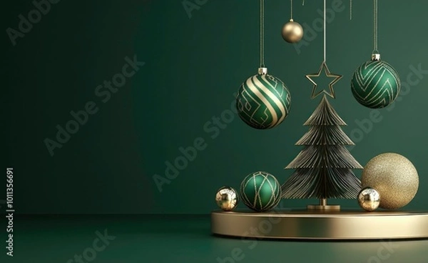 Fototapeta Christmas background. 3D render Christmas tree and hanging Christmas ball. Concept Happy New Year celebration banner template.  Holiday greeting card or advertising banner background, Christmas podium