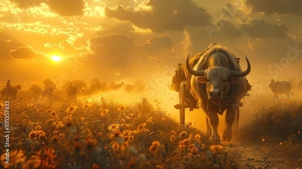 Obraz Buffalo Cart at Sunset
