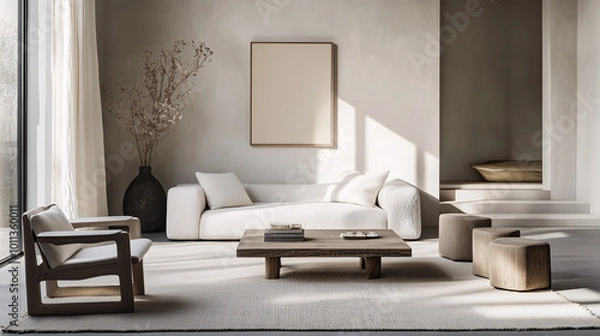 Fototapeta Modern minimalist living room with soft-toned furniture, a simple wall-mounted painting, and minimal decor. Clean lines and natural sunlight filling the space
