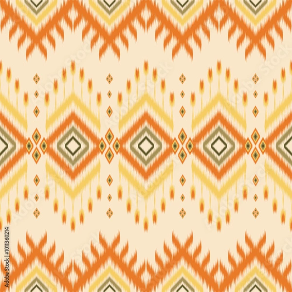 Fototapeta Traditional ikat pattern with striking geometric shapes and intricate details. Thisl seamless pattern is perfect for textiles, fashion, home decor and digital backgrounds. Inspired by indigenous 