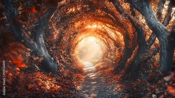 Obraz A picturesque autumn forest scene with vibrant red, orange, and yellow leaves on the trees, creating an enchanting path through the woods