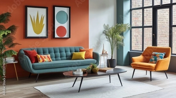 Fototapeta A spacious living room featuring a statement 1950s sofa and coordinating armchair, styled with vibrant cushions and a sleek coffee table, embodying the essence of mid-century modern aesthetics.