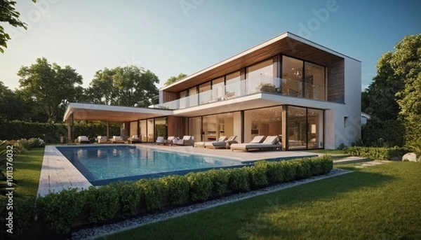 Fototapeta Tropical villa view with garden, swimming pool and open living room at sunset. A house with a pool and a pool with a view of the pool 9
