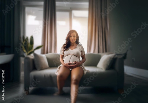 Fototapeta A pregnant woman sits on a couch in a living room, smiling and cradling her belly.