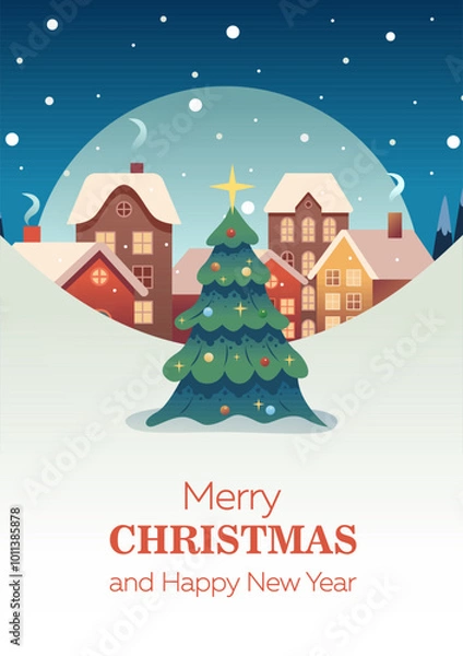 Obraz Happy Holidays Card. Christmas Town with Street, Falling Snow and Christmas Tree. Winter City Scene. Vector Illustration.