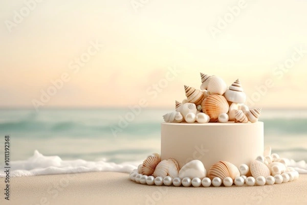 Obraz A beach-themed cake adorned with seashells and pearls sits on sandy shores with an ocean backdrop, capturing a serene coastal celebration.