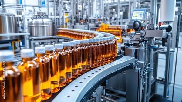 Fototapeta Beverage processing equipment in a factory, with machines bottling and labeling drinks, ensuring consistency and quality in large-scale beverage production