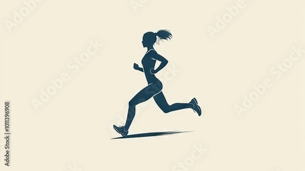 Fototapeta A minimalist logo showcasing a woman running, designed in elegant slate blue, emphasizing speed and determination for a running brand.