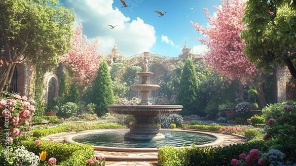 Obraz A lush Renaissance garden with a tranquil fountain, flowering trees, and sculpted hedges, delicate birds flying above, under a bright blue sky