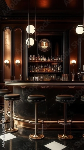 Obraz A luxurious art deco bar scene with sleek stools, dark marble counters, and ambient lighting, evoking the jazzfilled speakeasies of the 1930s