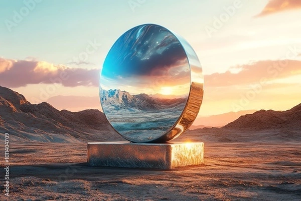 Obraz Futuristic mirrored sculpture reflecting desert landscape at sunset, blending art and nature with surreal beauty.