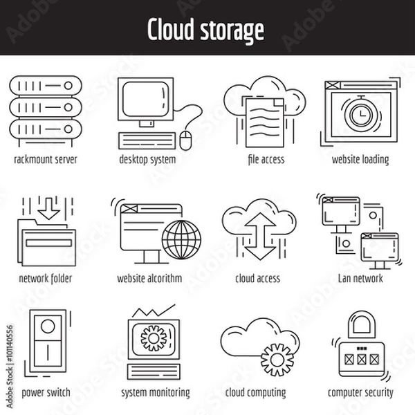 Fototapeta Vector set of linear icons Cloud storage