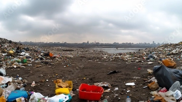 Fototapeta A panoramic view of a polluted landscape filled with garbage.
