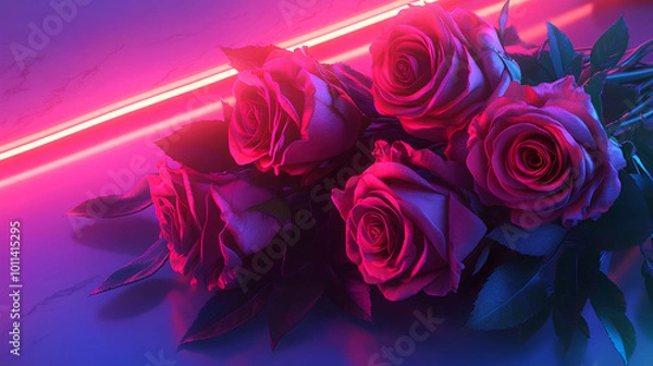 Obraz Modern Rose Bouquet with Neon Lighting on Marble Background