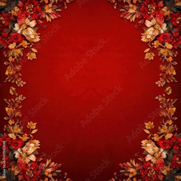 Fototapeta Golden Thai floral borders on a deep red background with ornate detailing